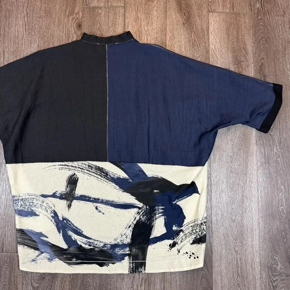 Ozai N Ku Black Blue Brush Stroke Top Shirt Boxy Oversized Art to Wear sz 1 - Picture 13 of 13